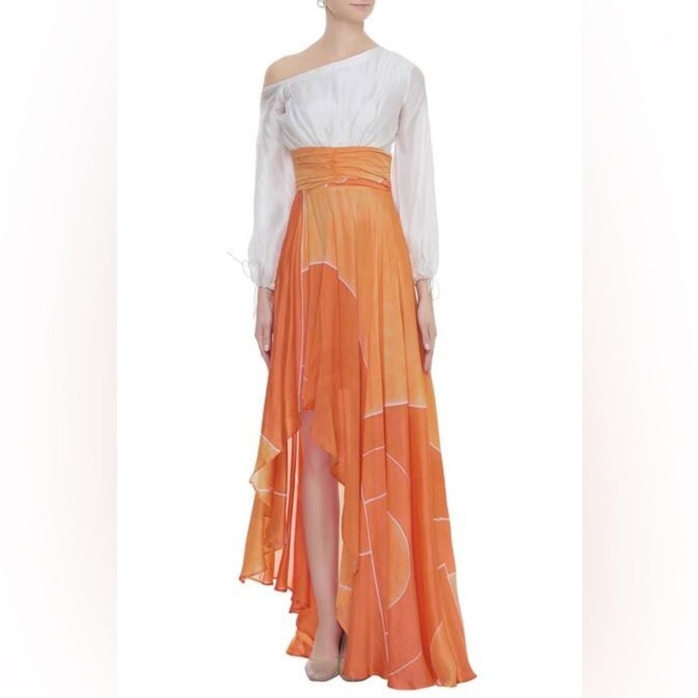 Vedika M Women Hand Painted SILK‎ Maxi Dress Small Orange Cream Asymmetrical Art